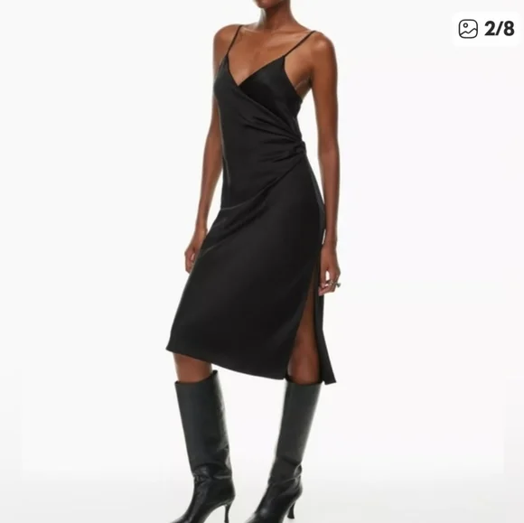 NWT Aritzia Wilfred Scenery Faux Wrap Black Satin Midi Slip Dress Size Medium - Picture 2 of 10